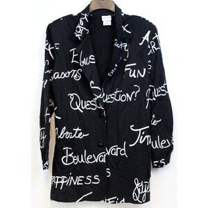 VG 80s Styles to Go Black Long Blazer sz 10 Cursive Word Print Party Whimsical